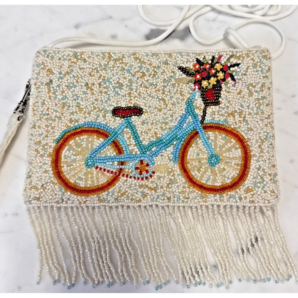Bamboo Trading Company Bicycle Beaded Club Bag Fringe Wristlet Crossbody